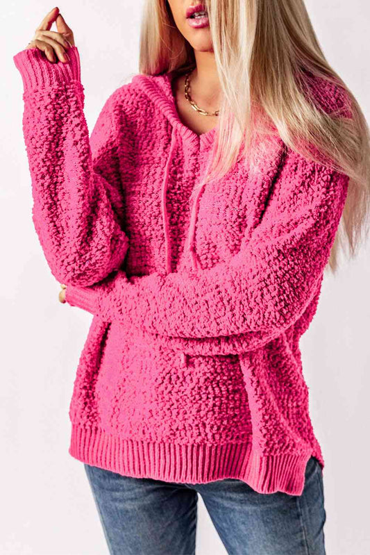 Popcorn Knit Slit Hooded Sweater - TRENDMELO