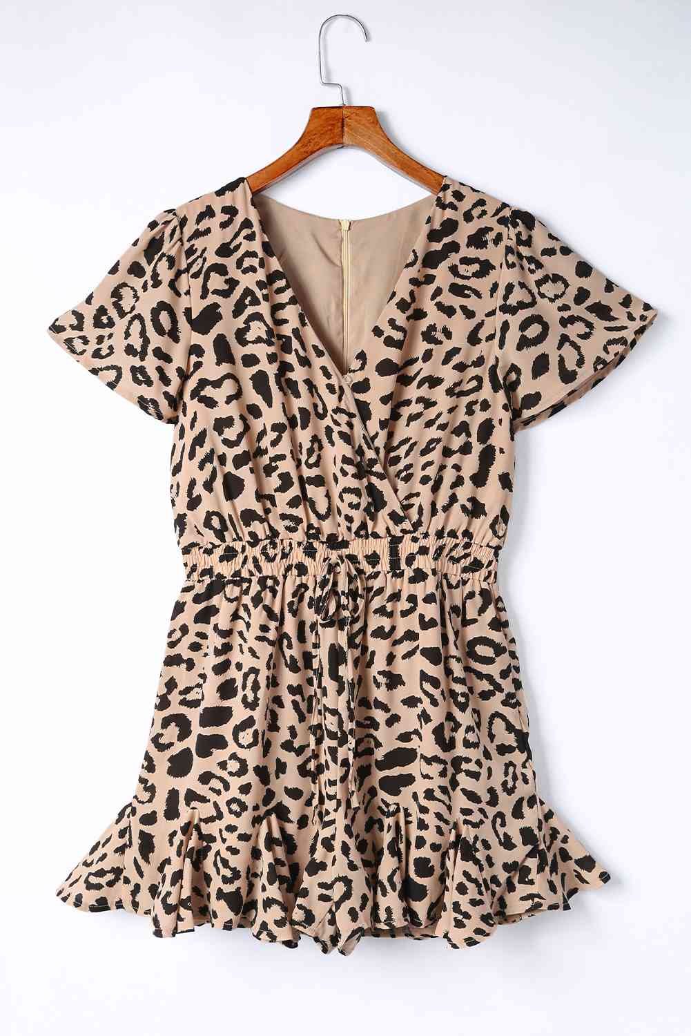 Leopard Flutter Sleeve Ruffle Hem Romper - TRENDMELO