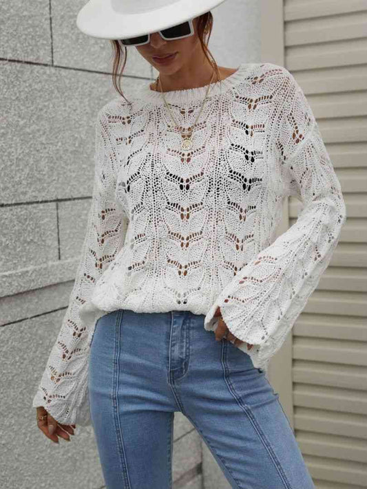 Openwork Dropped Shoulder Knit Top - TRENDMELO