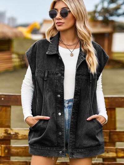 Button Up Collared Neck Sleeveless Denim Jacket - TRENDMELO