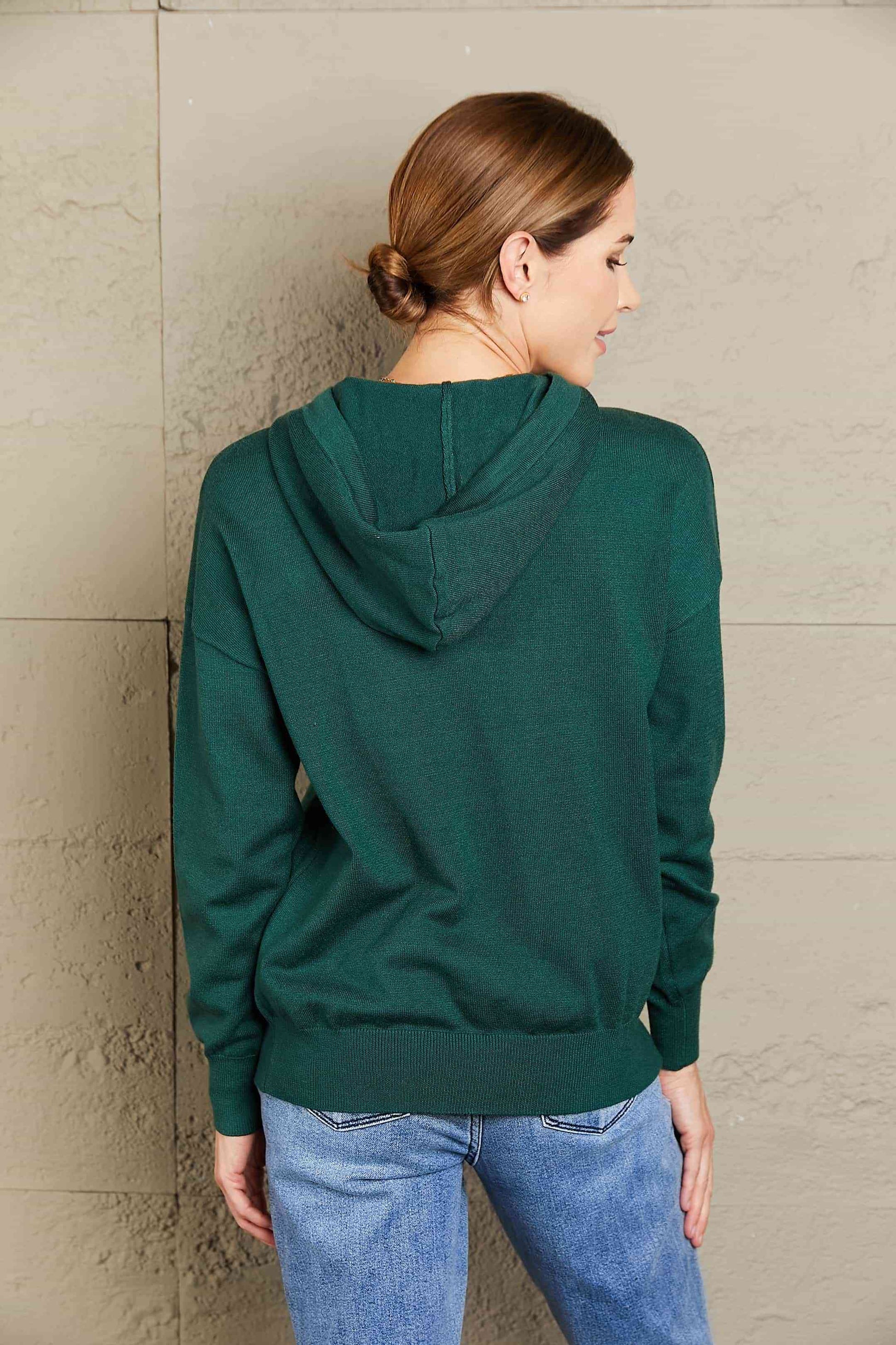 Woven Right Dropped Shoulder Drawstring Hooded Knit Top - TRENDMELO