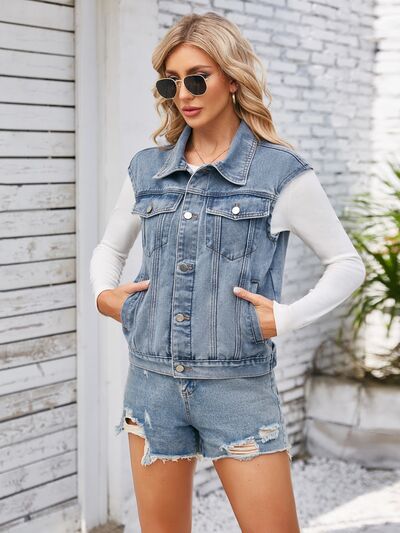 Button Up Cap Sleeve Denim Jacket - TRENDMELO