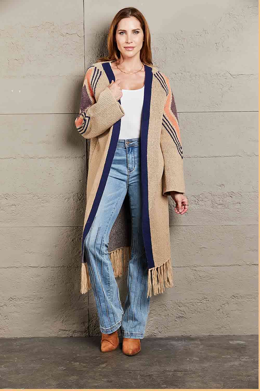 Double Take Geometric Fringe Hem Open Front Duster Cardigan - TRENDMELO