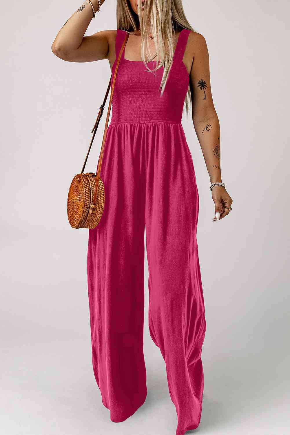 Smocked Square Neck Wide Leg Jumpsuit with Pockets - TRENDMELO