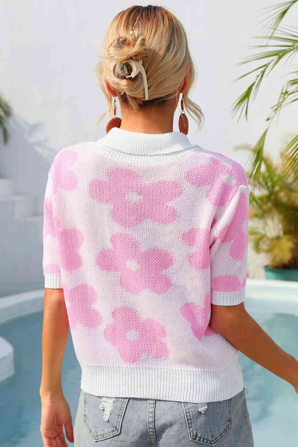 Floral Johnny Collar Half Sleeve Knit Top - TRENDMELO