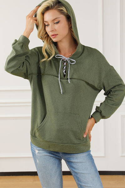 Lace-Up Exposed Seam Hoodie with Pocket - TRENDMELO