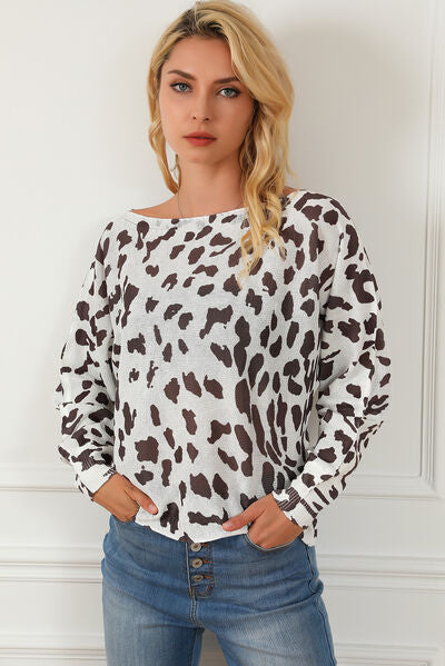 Leopard Boat Neck Long Sleeve Sweater - TRENDMELO