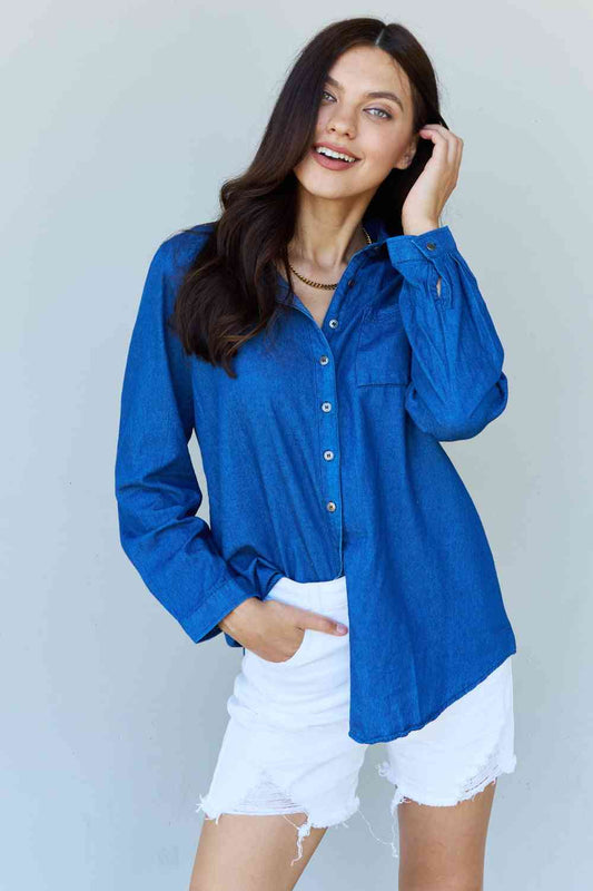 Doublju Blue Jean Baby Denim Button Down Shirt Top in Dark Blue - TRENDMELO