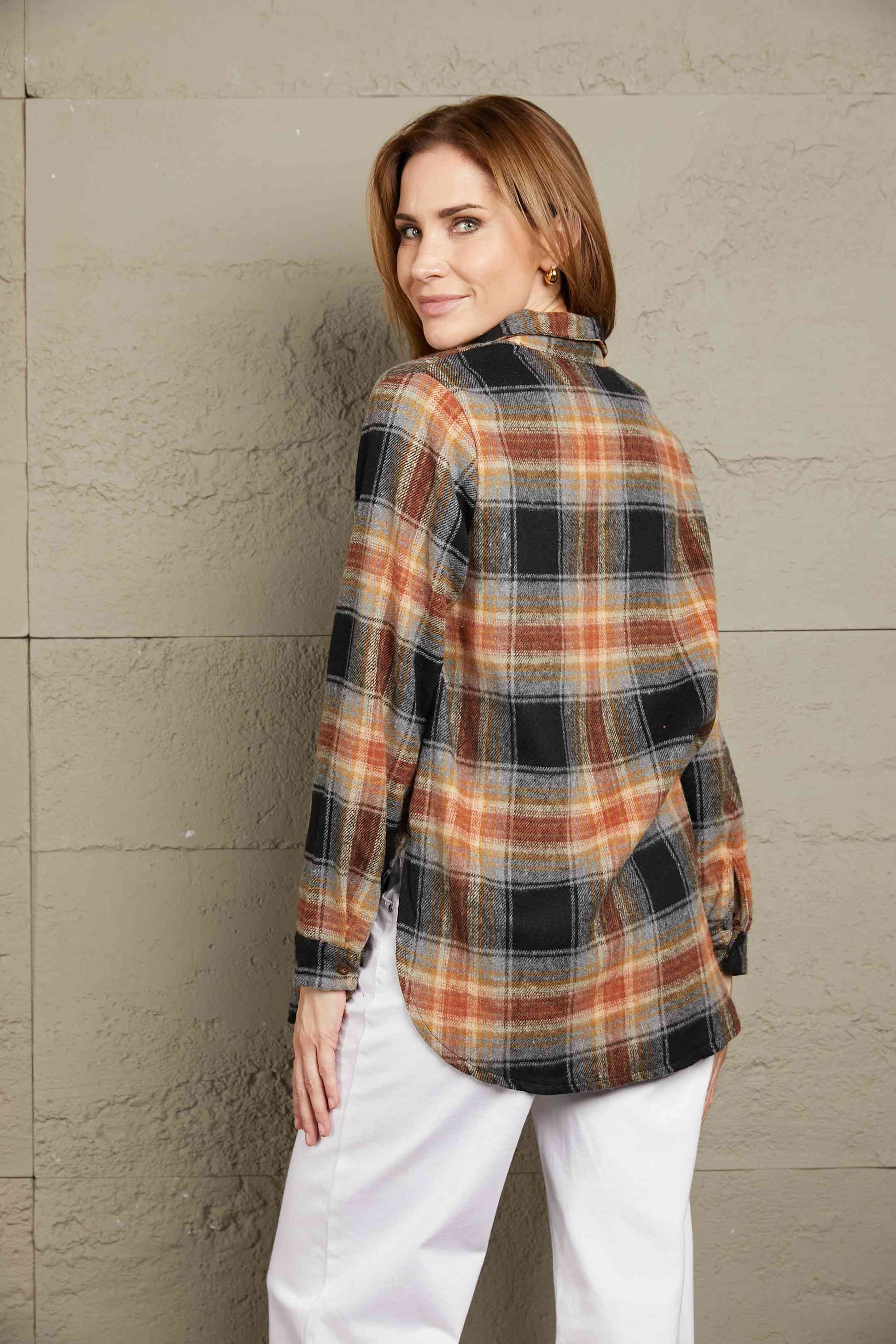 Double Take Plaid Side Slit Curved Hem Shirt - TRENDMELO