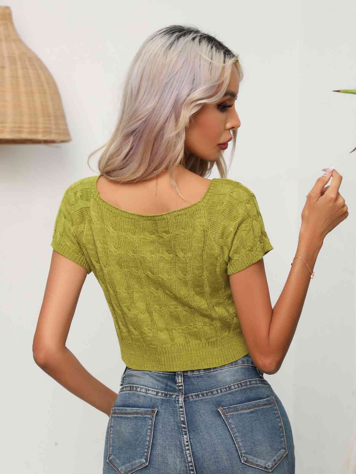 Cable-Knit Round Neck Short Sleeve Knit Top - TRENDMELO