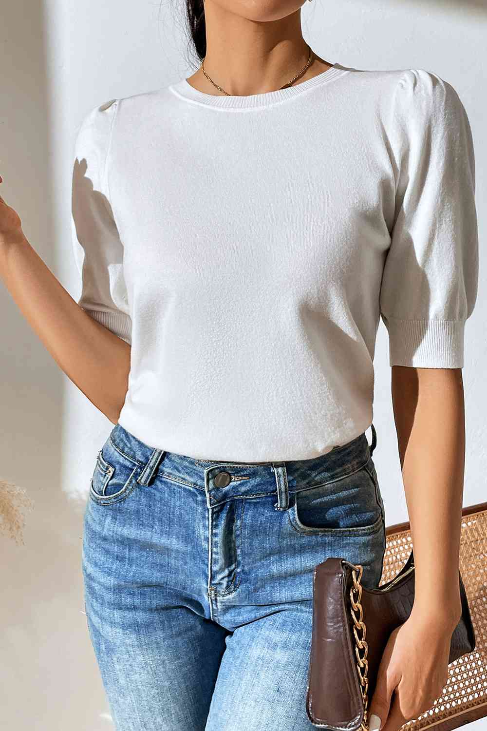 Round Neck Puff Sleeve Knit Top - TRENDMELO