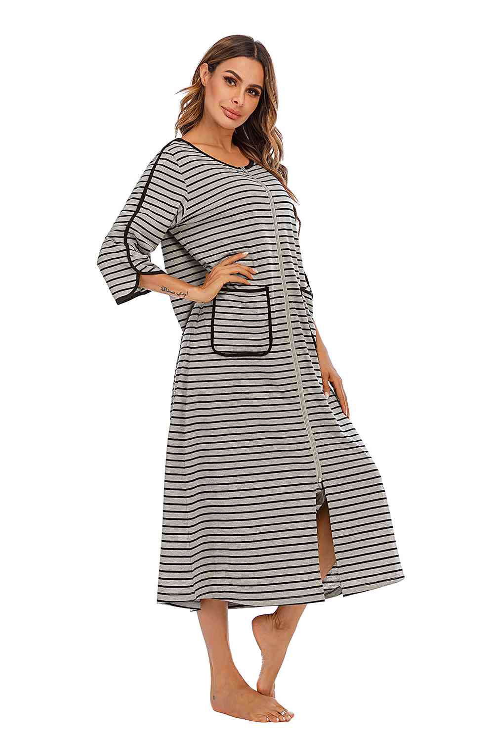 Round Neck Three-Quarter Sleeve Midi Night Dress - TRENDMELO