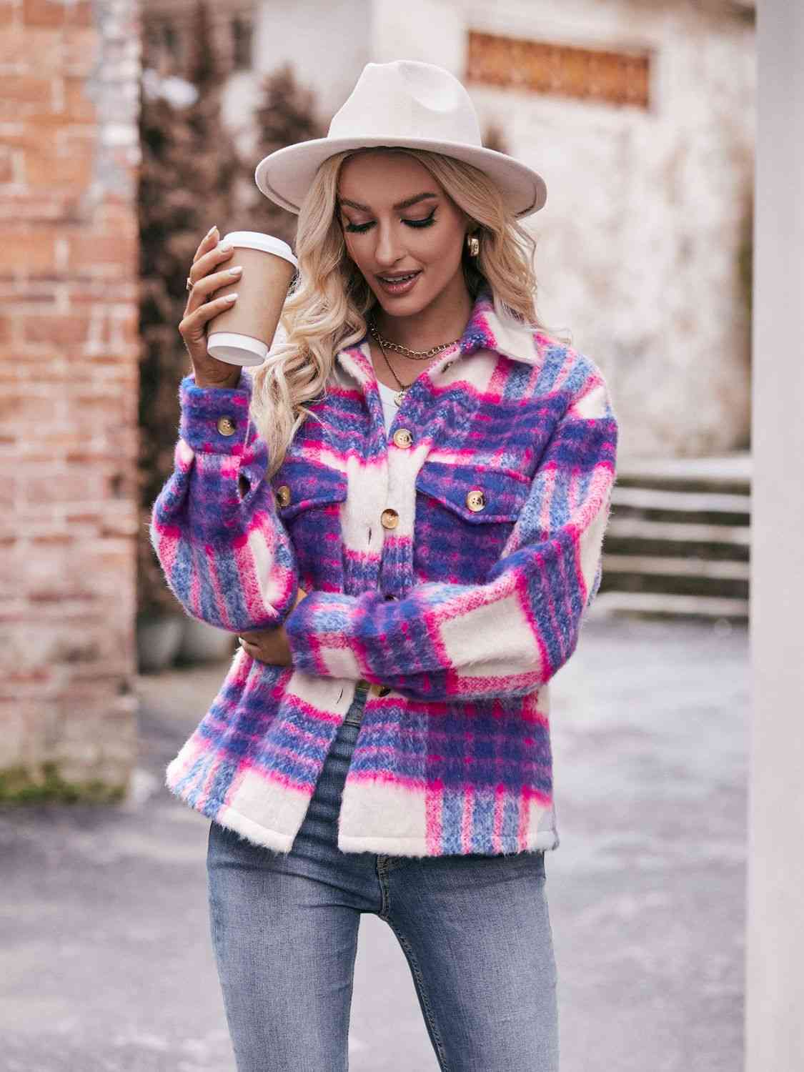 Plaid Dropped Shoulder Collared Jacket - TRENDMELO