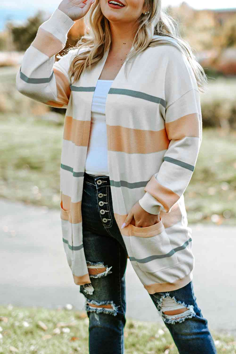 Plus Size Striped Open Front Cardigan - TRENDMELO