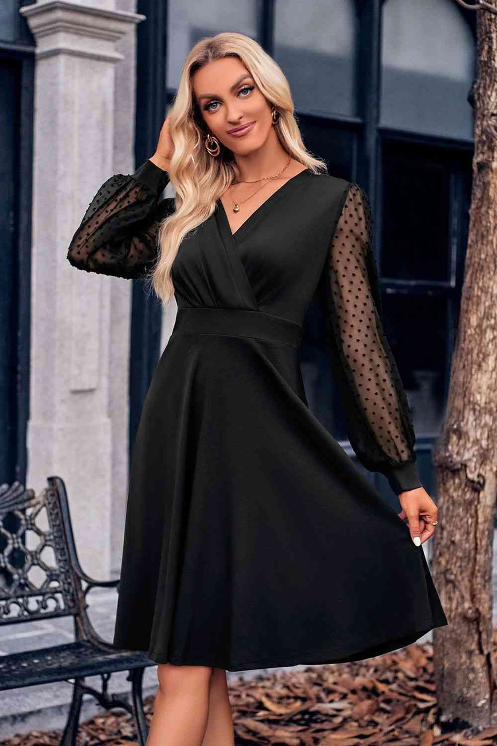 Surplice Neck Swiss Dot Long Sleeve Dress - TRENDMELO