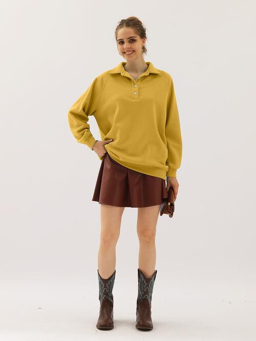 Ninexis Full Size Quarter-Button Collared Sweatshirt - TRENDMELO