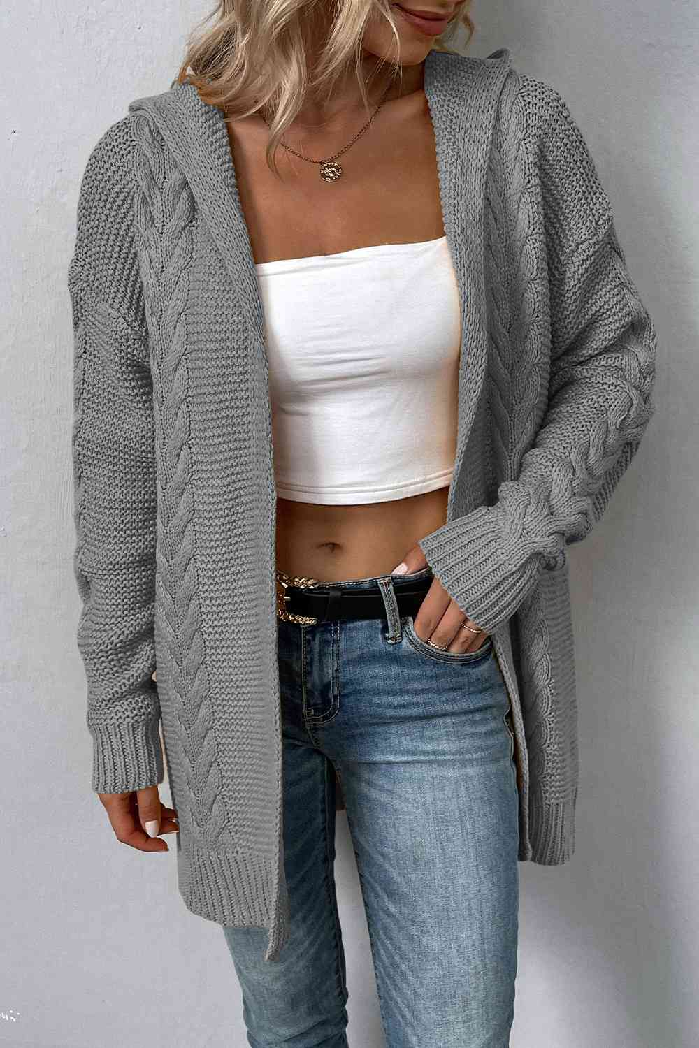 Cable-Knit Dropped Shoulder Hooded Cardigan - TRENDMELO