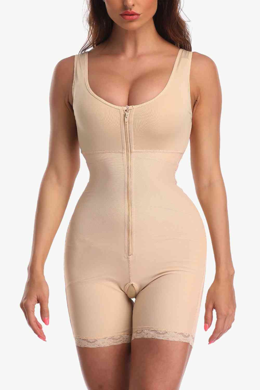 Full Size Zip-Up Lace Detail Shapewear - TRENDMELO