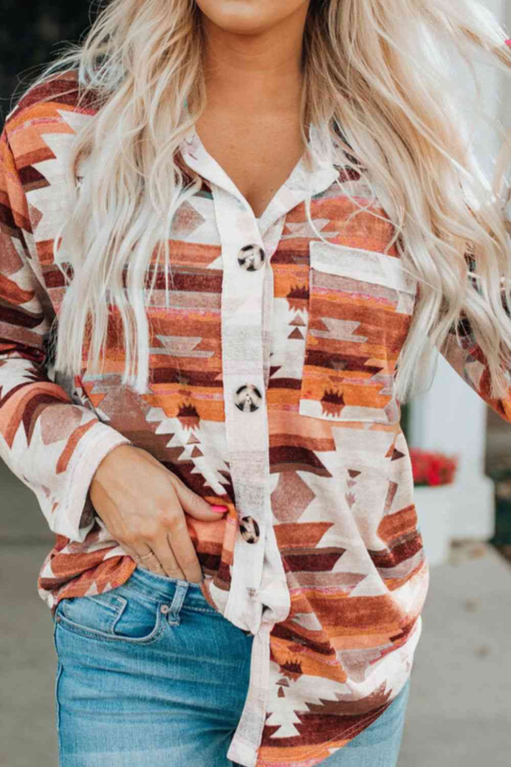 Printed Button Up Long Sleeve Shirt - TRENDMELO