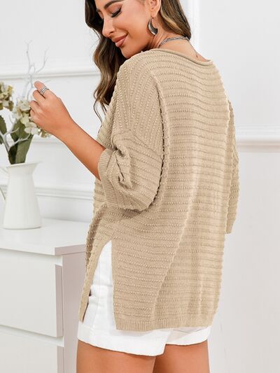 Rolled Round Neck Dropped Shoulder Slit Sweater - TRENDMELO