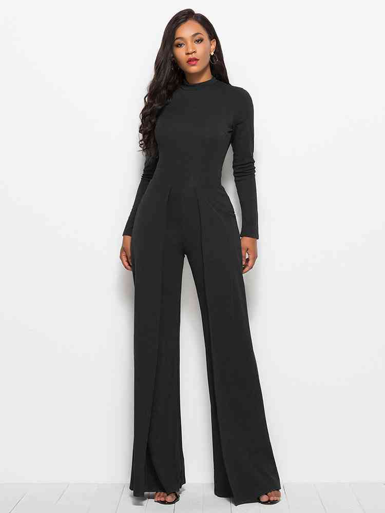 Long Sleeve Mock Neck Wide Leg Jumpsuit - TRENDMELO