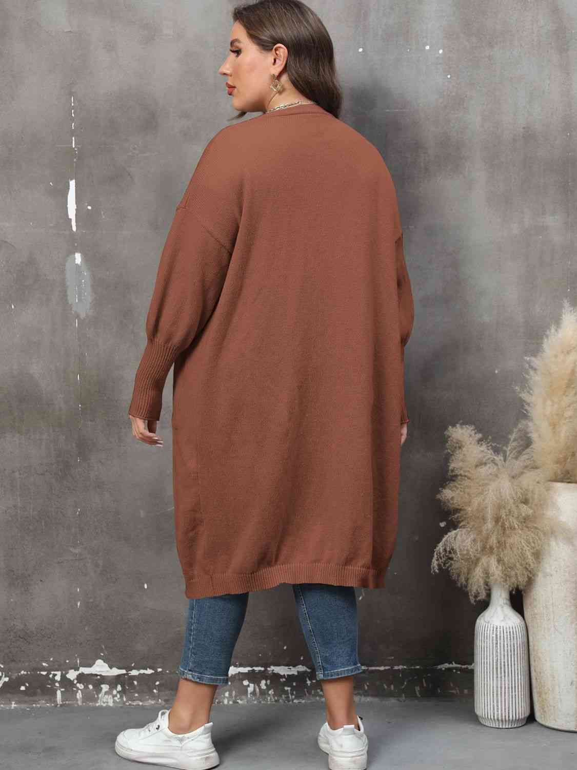 Plus Size Long Sleeve Pocketed Cardigan - TRENDMELO