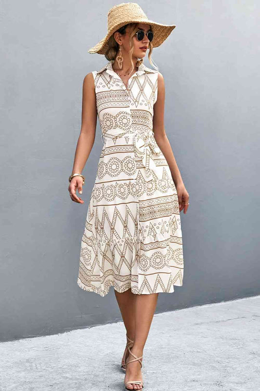 Printed Button Front Tie-Waist Sleeveless Collared Dress - TRENDMELO