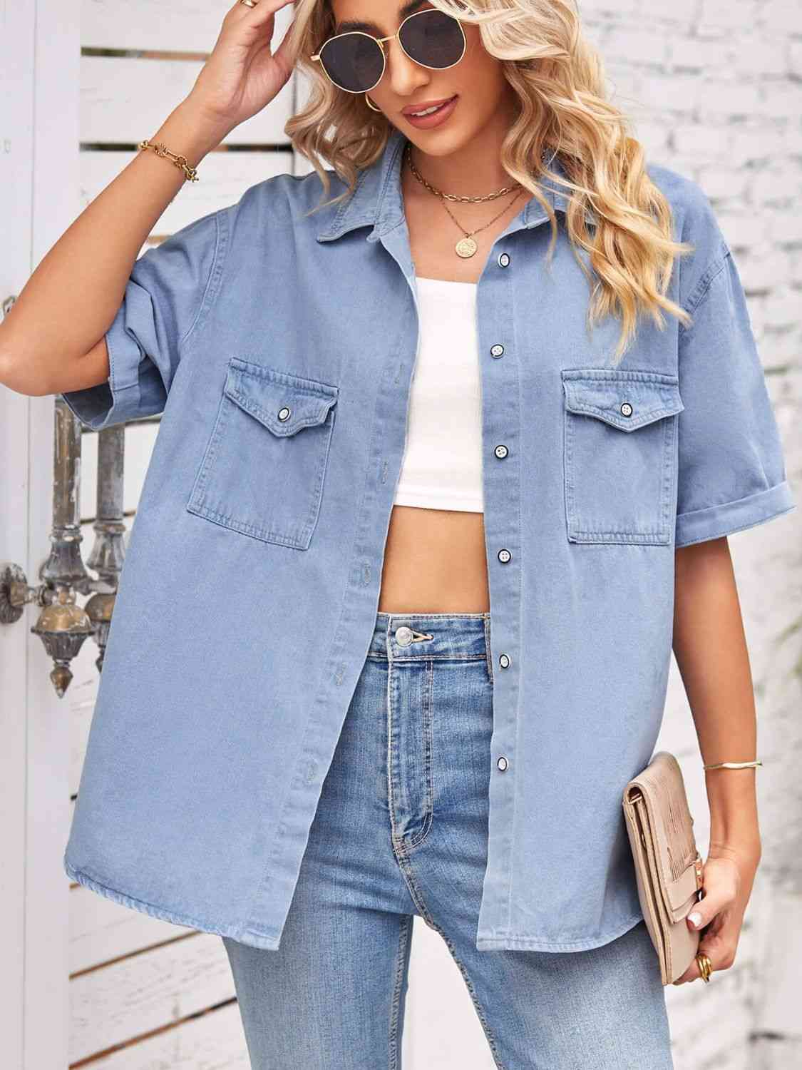 Collared Neck Short Sleeve Denim Jacket - TRENDMELO