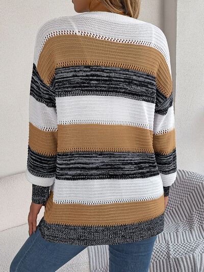 Openwork Striped Open Front Cardigan - TRENDMELO