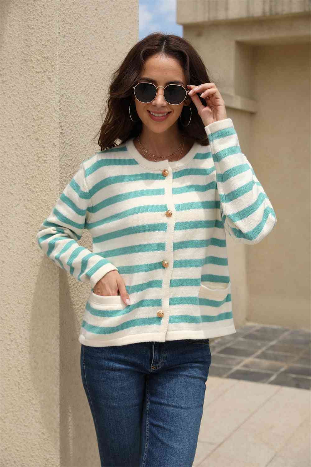 Striped Round Neck Button-Down Dropped Shoulder Cardigan - TRENDMELO