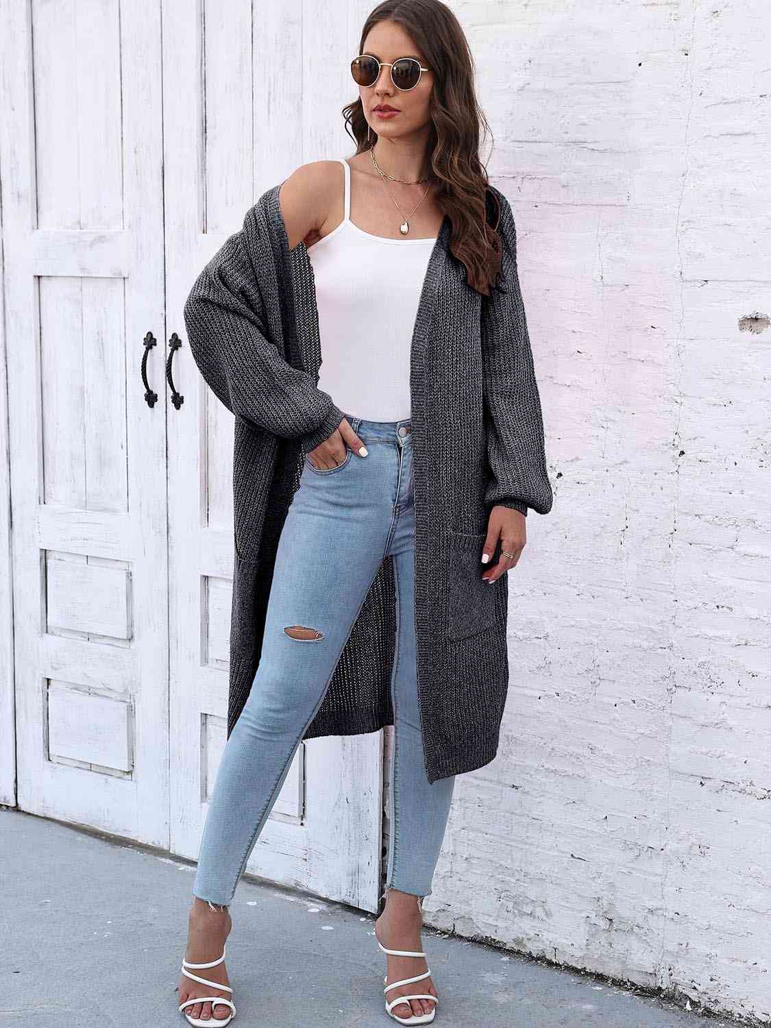 Open Front Longline Cardigan with Pockets - TRENDMELO