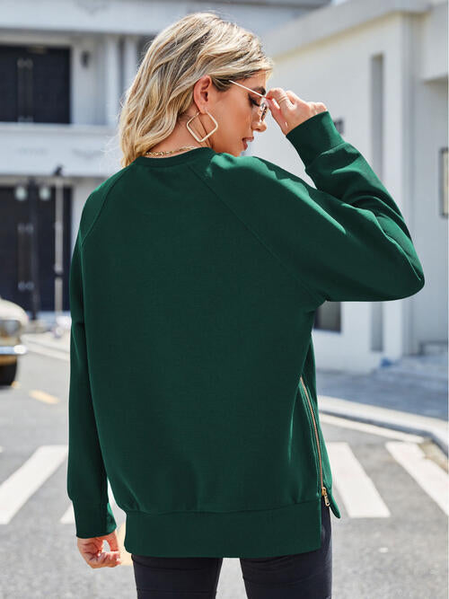 Zip Detail Round Neck Long Sleeve Sweatshirt - TRENDMELO