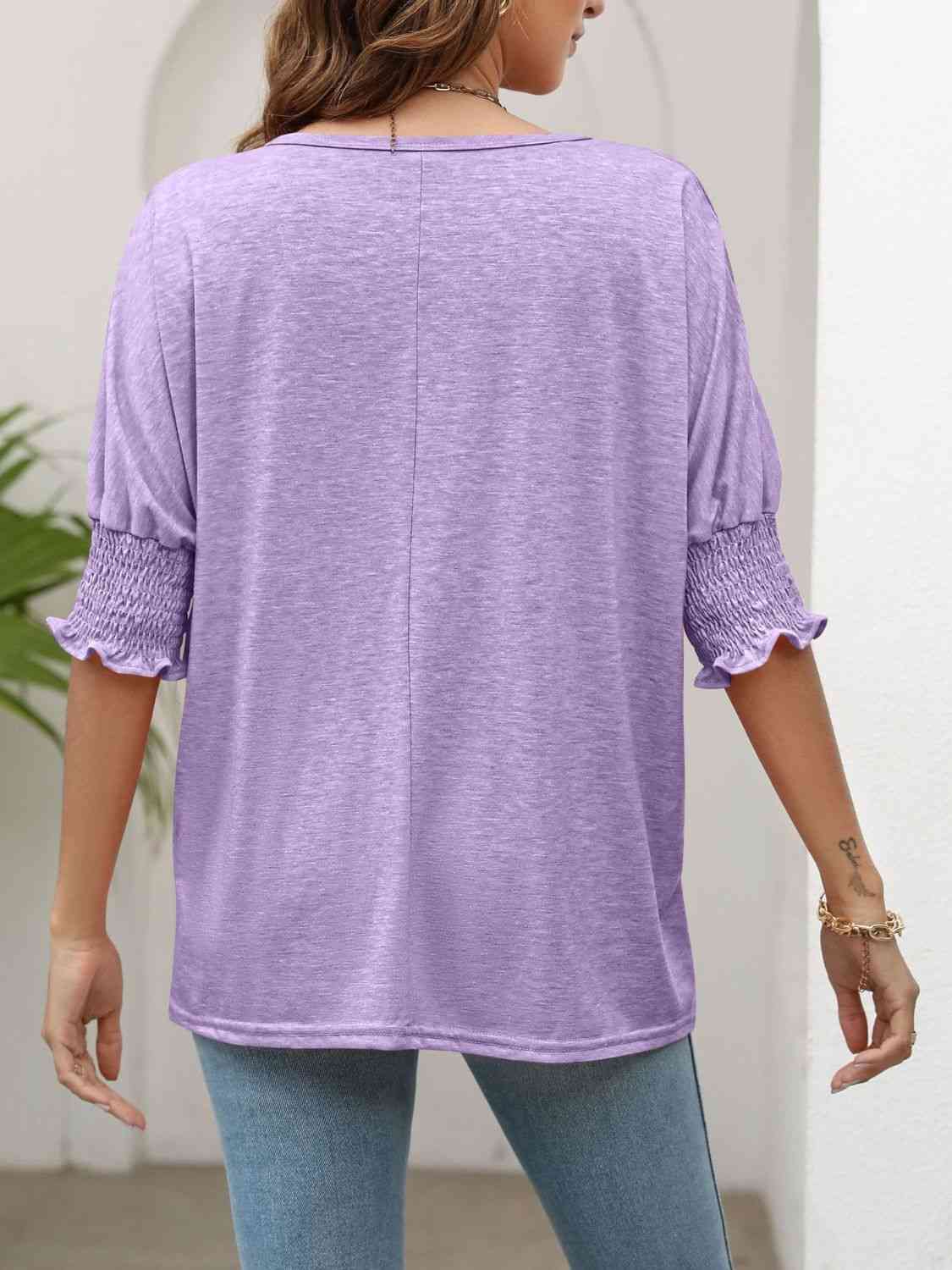 Smocked Flounce Sleeve Round Neck T-Shirt - TRENDMELO