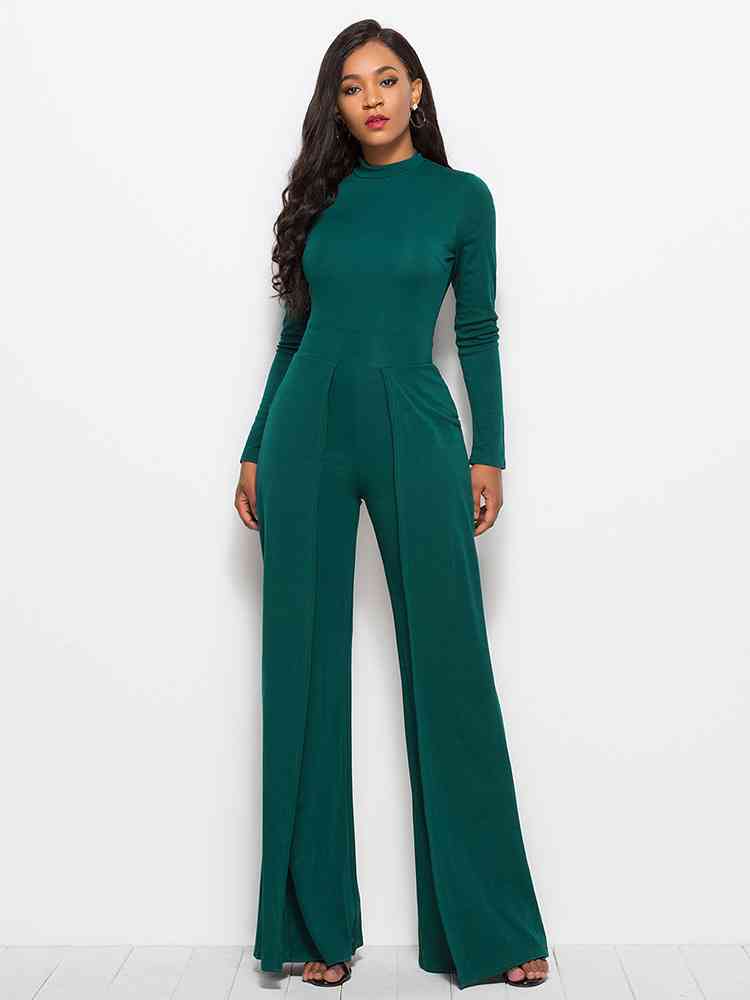 Long Sleeve Mock Neck Wide Leg Jumpsuit - TRENDMELO