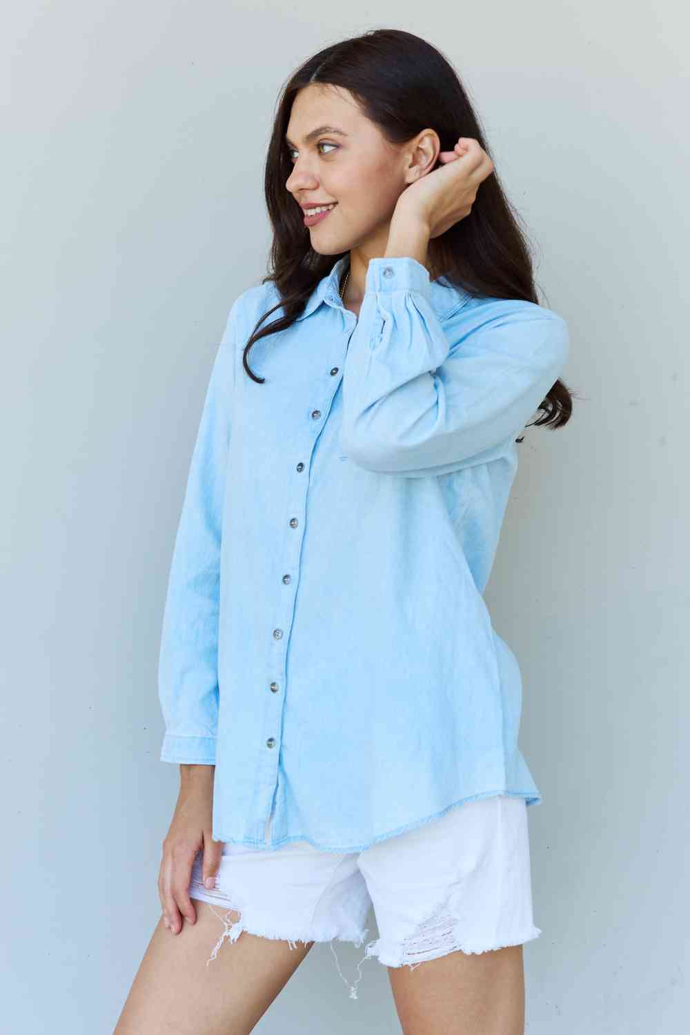 Doublju Blue Jean Baby Denim Button Down Shirt Top in Light Blue - TRENDMELO