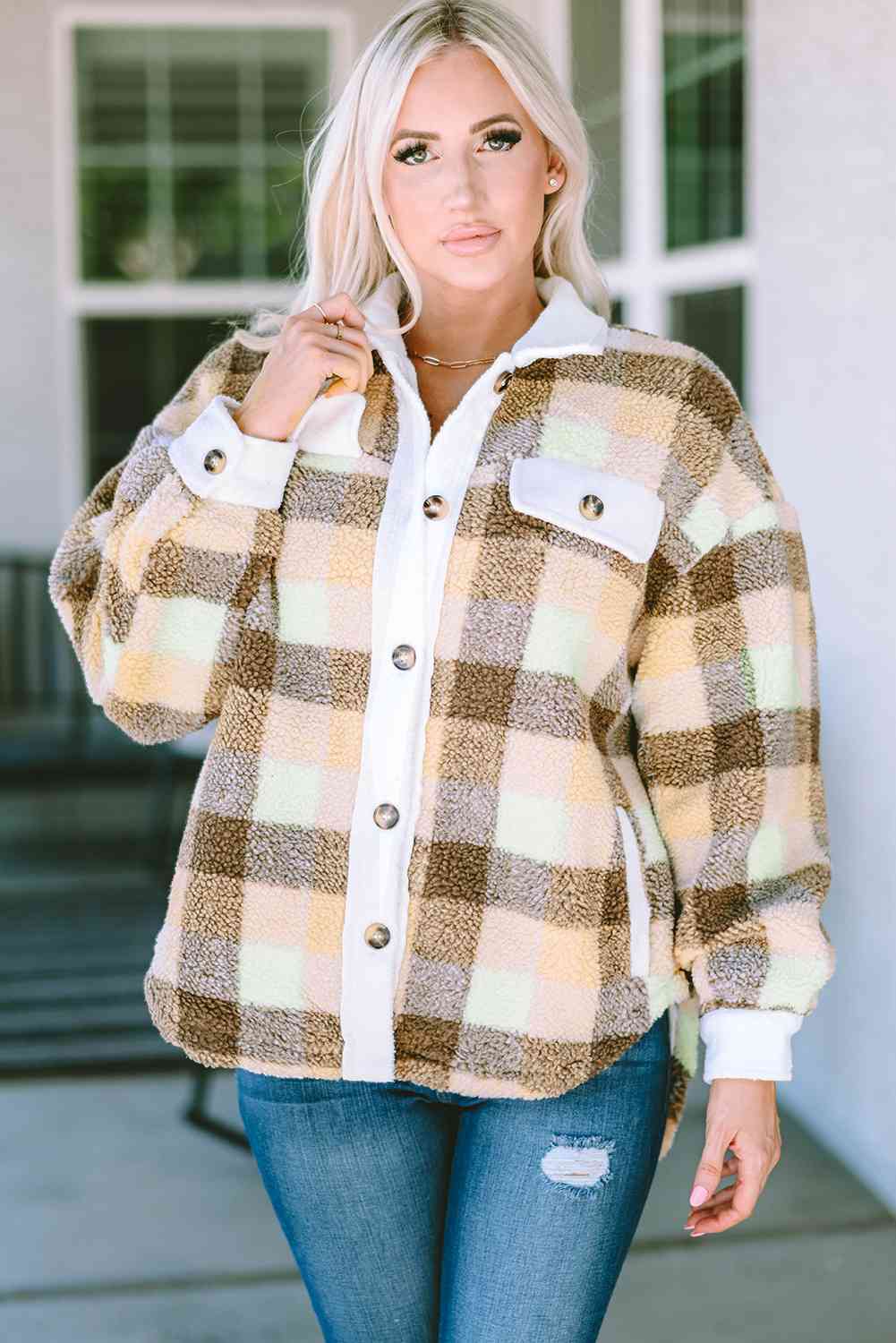 Plaid Collared Neck Button Down Jacket - TRENDMELO