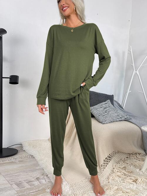 Round Neck Top and Drawstring Pants Lounge Set - TRENDMELO