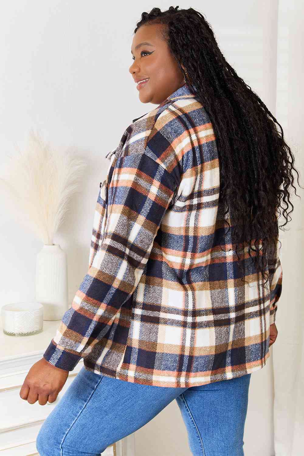 Double Take Plaid Button Front Shirt Jacket with Breast Pockets - TRENDMELO