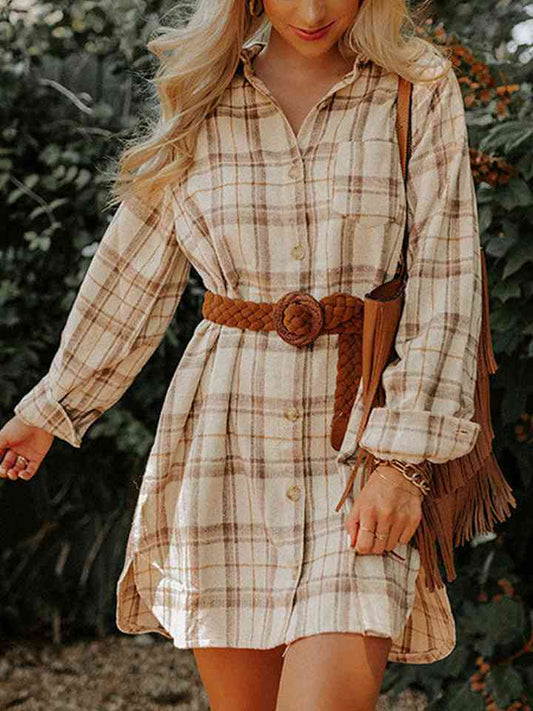 Plaid Collared Neck Long Sleeve Shirt Dress - TRENDMELO