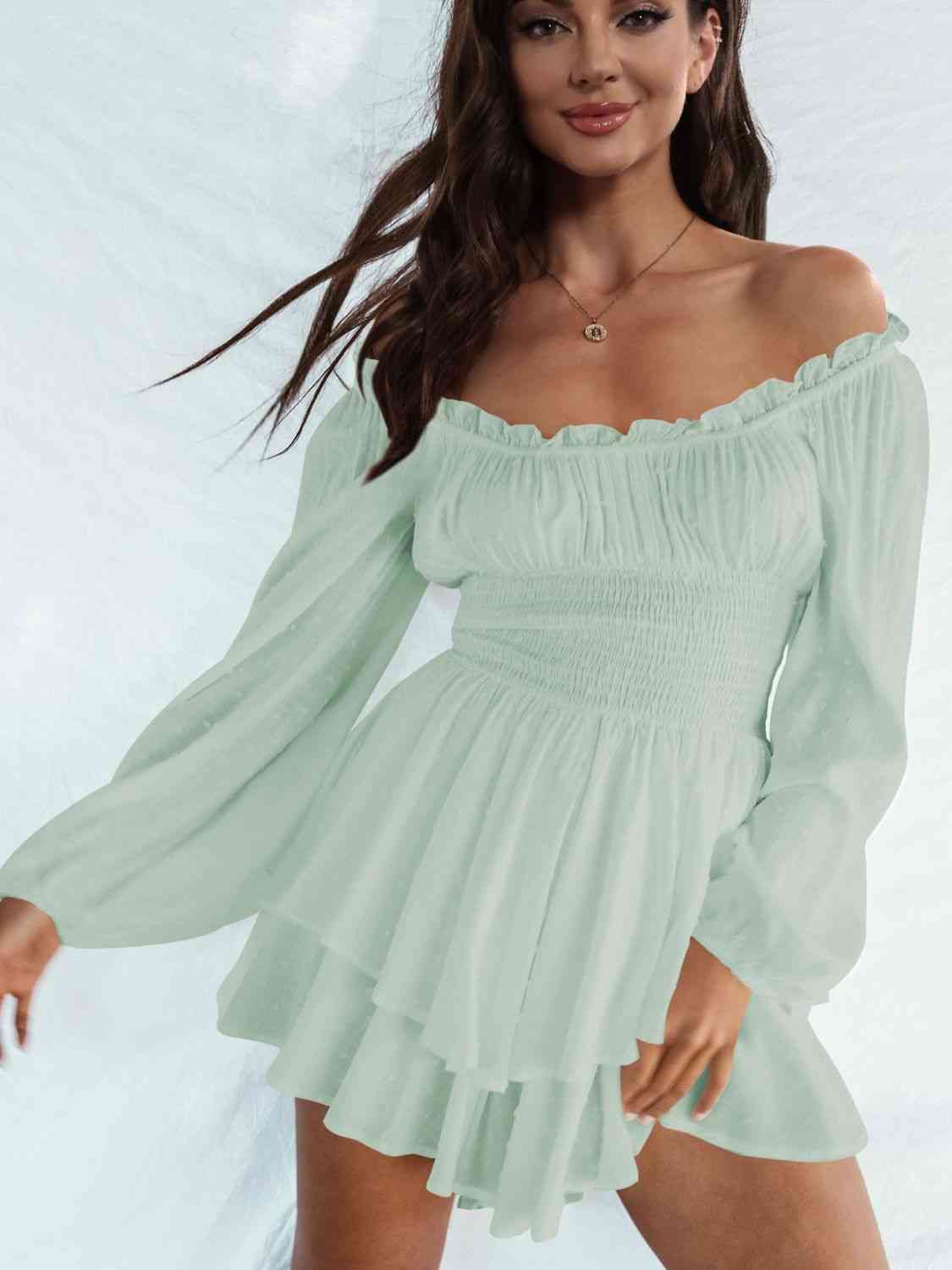 Off Shoulder Smocked Waist Romper - TRENDMELO