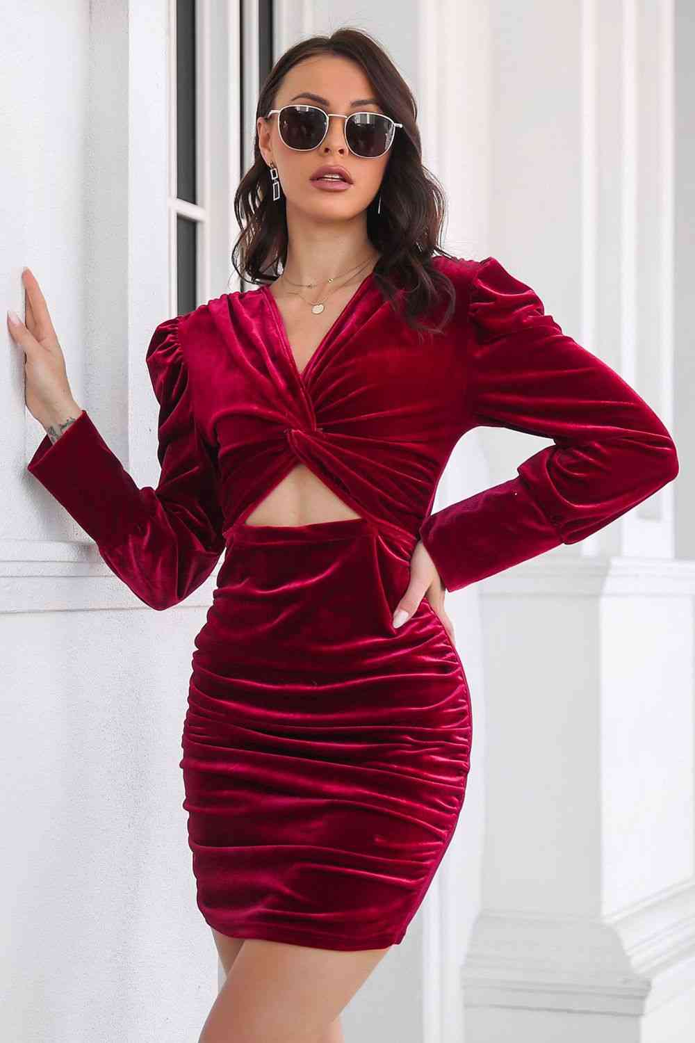 Twist Front Cutout Long Sleeve Dress - TRENDMELO