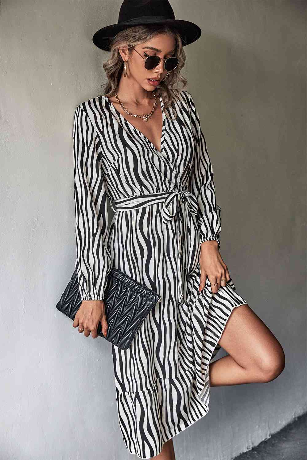 Animal Print Belted Midi Dress - TRENDMELO