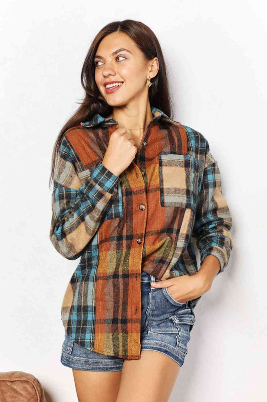 Double Take Plaid Curved Hem Shirt Jacket with Breast Pockets - TRENDMELO