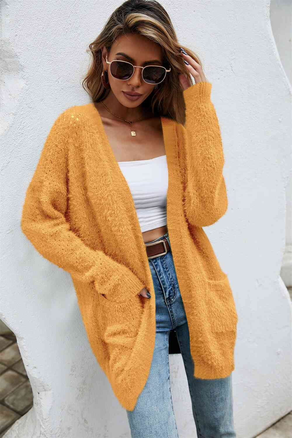 Open Front Openwork Fuzzy Cardigan with Pockets - TRENDMELO