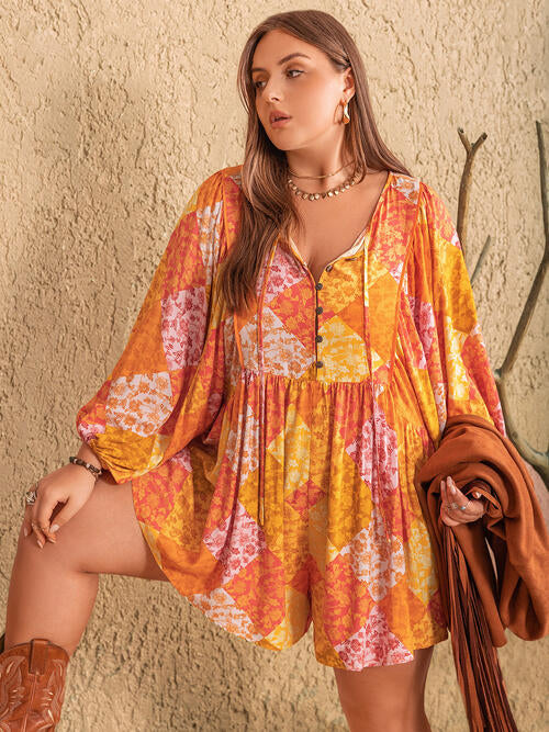 Plus Size Floral Tie Neck Balloon Sleeve Romper - TRENDMELO