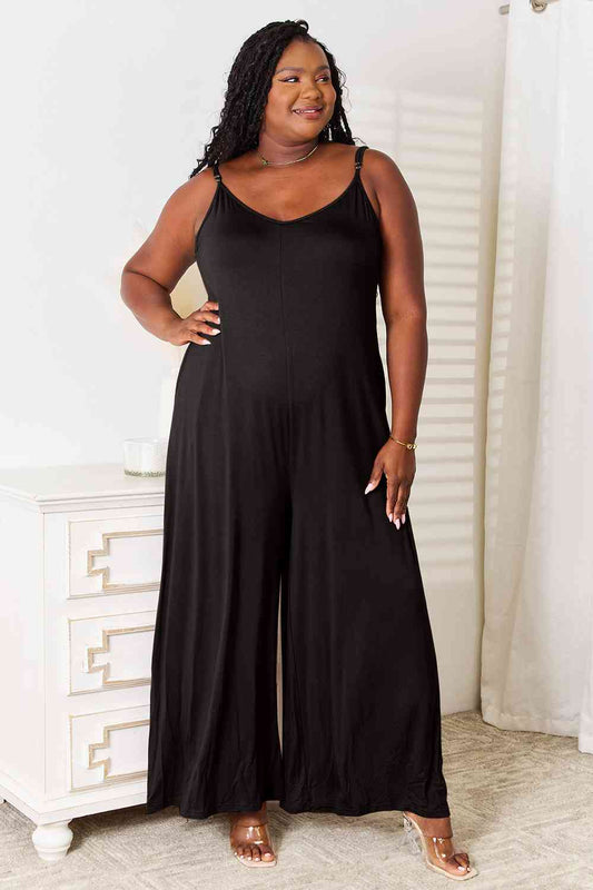 Double Take Full Size Soft Rayon Spaghetti Strap Tied Wide Leg Jumpsuit - TRENDMELO