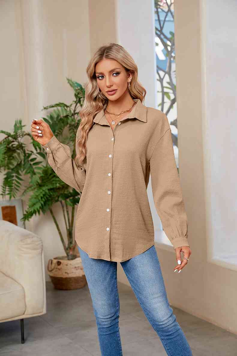 Collared Neck Buttoned Long Sleeve Shirt - TRENDMELO