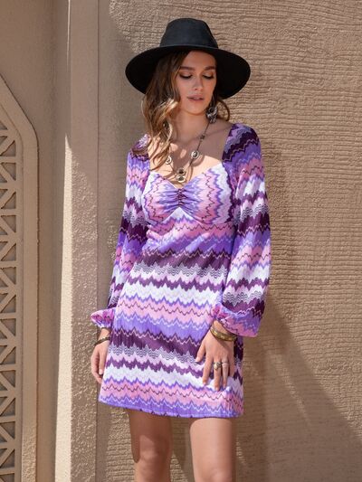 Printed Sweetheart Neck Balloon Sleeve Dress - TRENDMELO