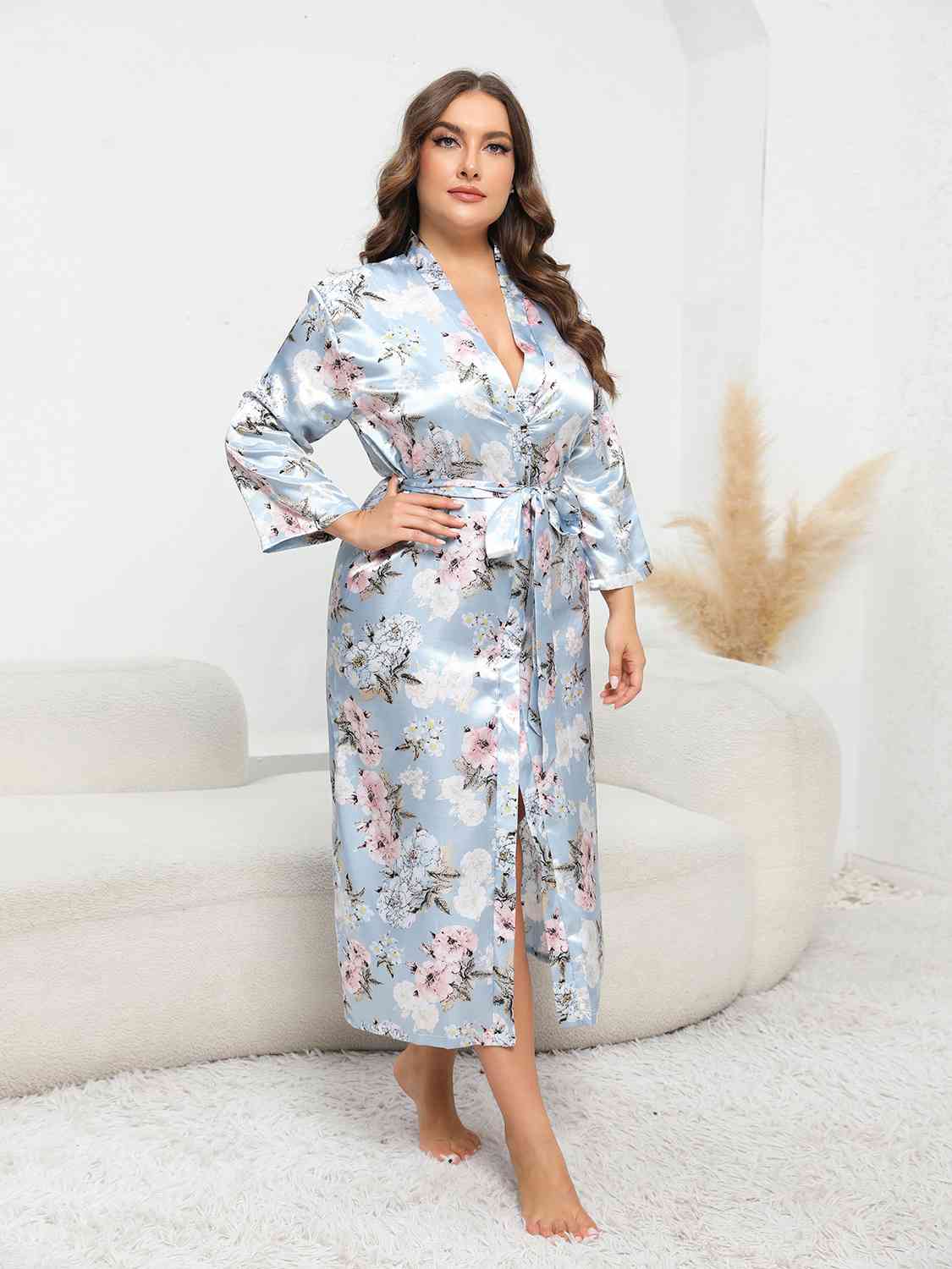 Plus Size Tie Waist Robe - TRENDMELO