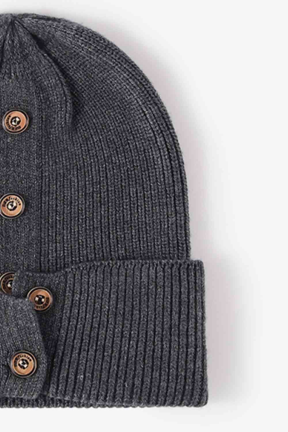 Button Detail Rib-Knit Cuff Beanie - TRENDMELO